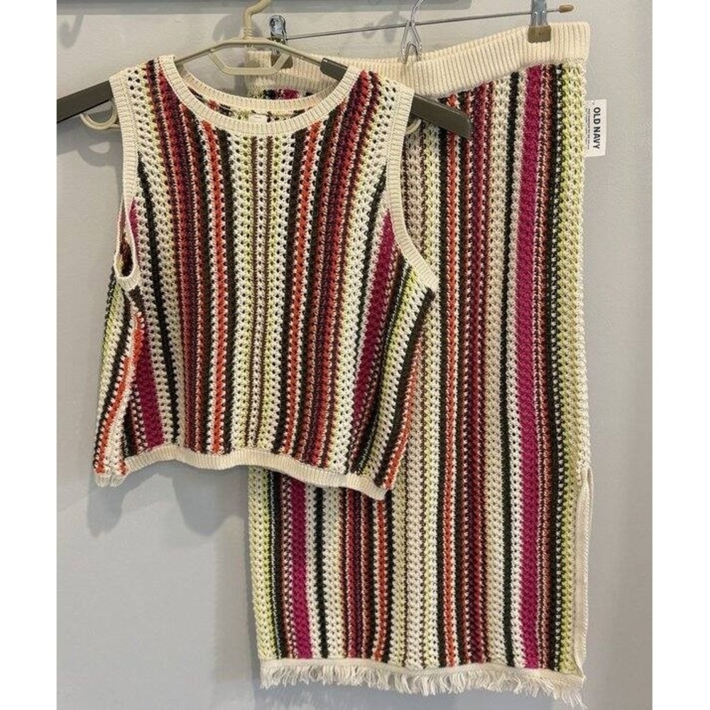 Old Navy Crochet Open Knit Sweater Tank and Skirt Set Boho Striped New M Petite